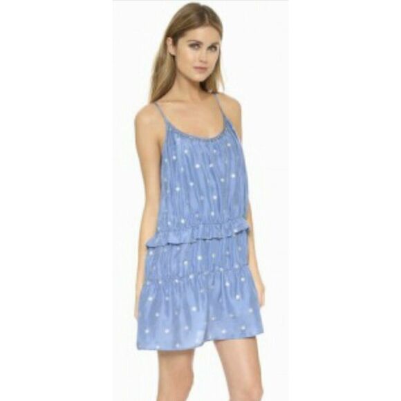 St. Roche Dress Blue 100% Silk‎ Silver Print Tiered Spaghetti Straps Size Small